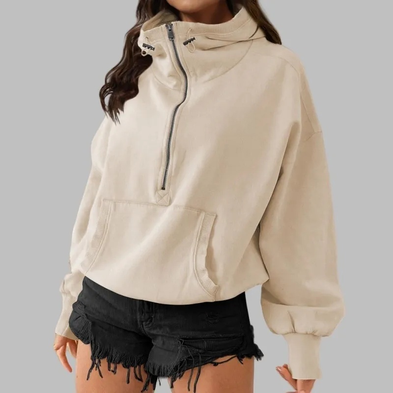 Women's Yoga hooded Jacket Outfit Solid Color Half zip drawstring long sleeved top jacket Loose Workout Pullover