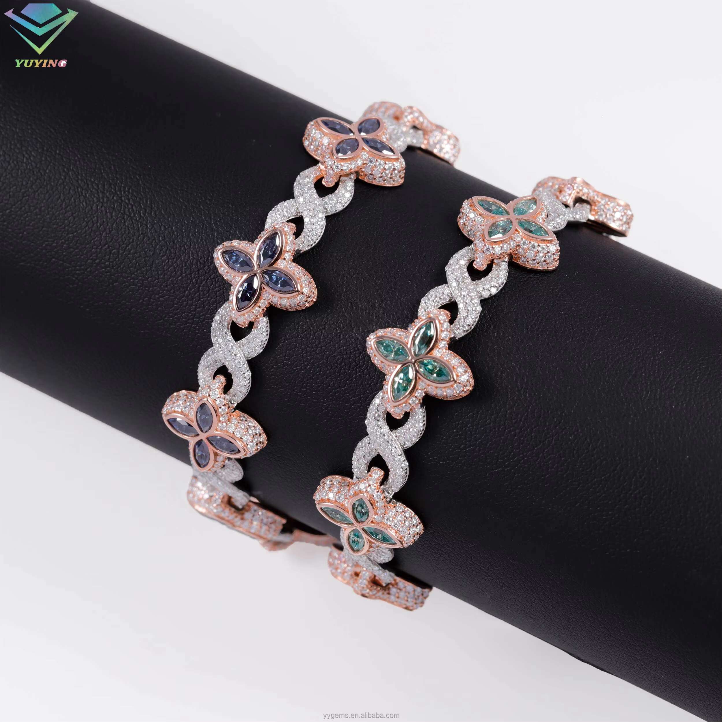 Cuban Jewelry S925 Sterling Silver Gold Clover Pink Green Blue Diamond Cuban Hip Hop Moissanite Bracelet with GRA Certificate