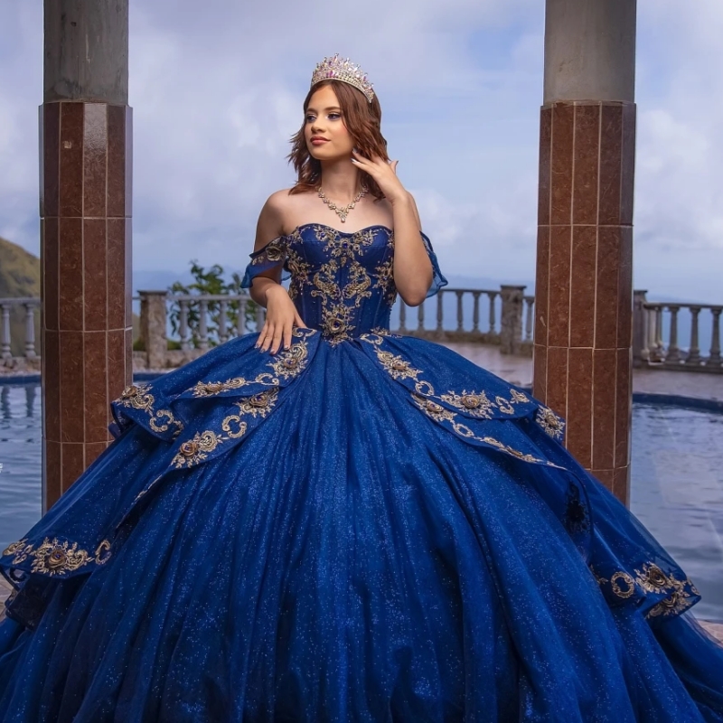 Navy Blue Glitter Quinceanera Dresses Ball Gown Off The Shoulder Lace Applique Beading Tull Sweet 16 Dress Vestidos De 15 Anos