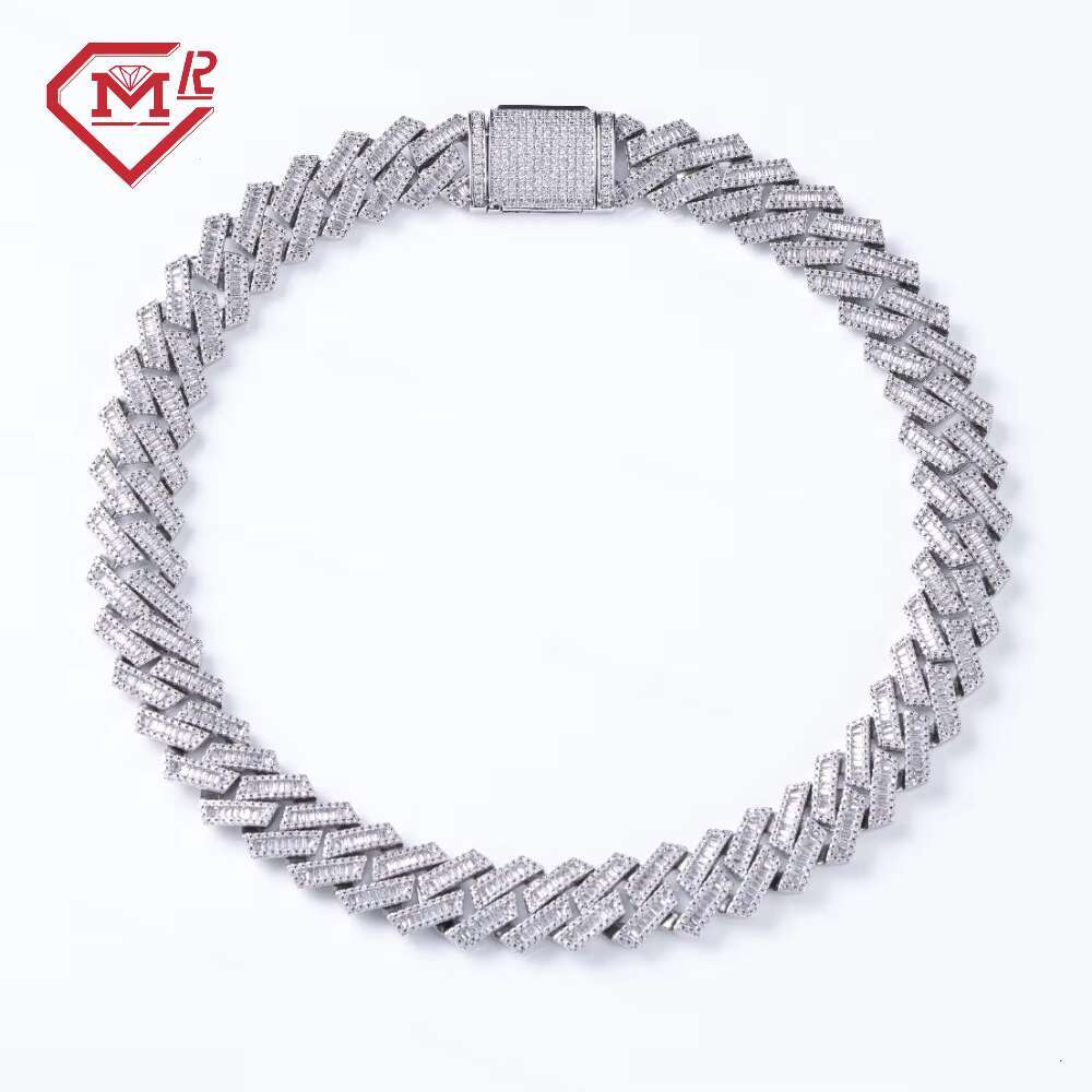 Custom Hip Hop Chain Iced Out Necklace 925 Sterling Silver 12mm Cuban Mens Moissanite Cuban Baguette