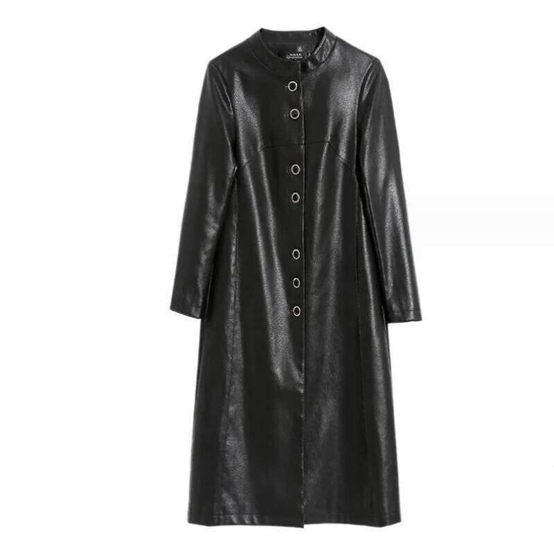 New Women Trench Casual Fashion O-Neck Single Breasted Loose Sheepskin Tops Coat Long Outerwear Split Leather
