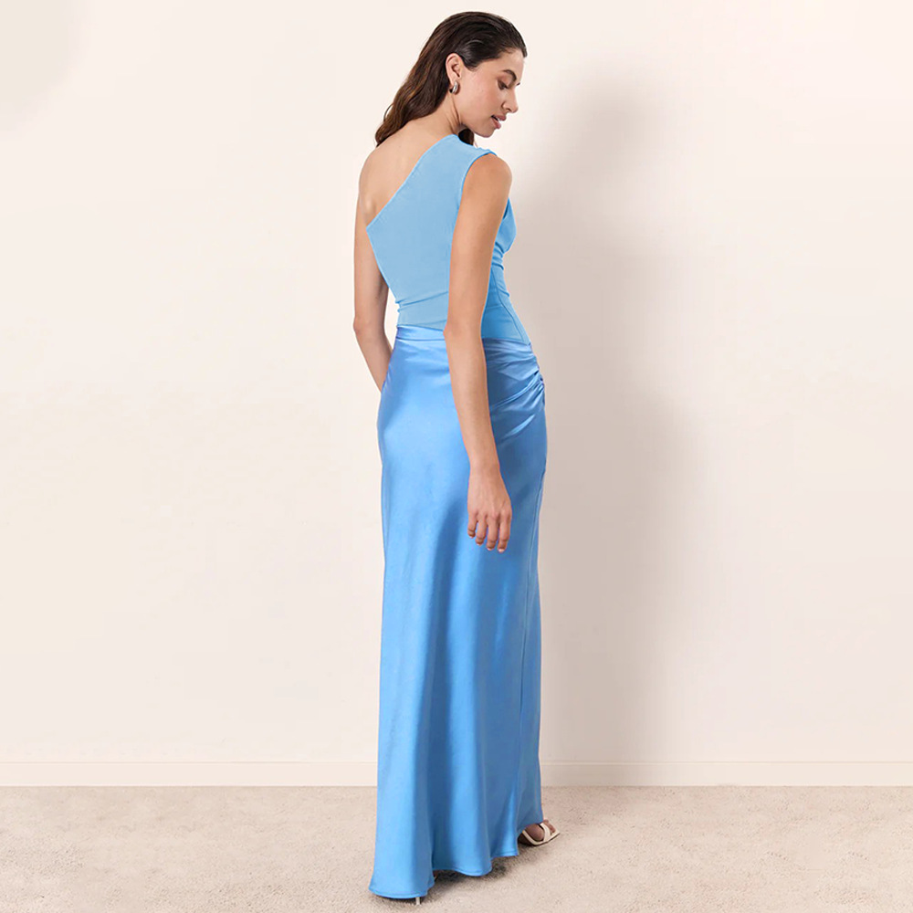 H624Summer temperament oblique shoulder slim long skirt female feeling sleeveless pleated hot girl hip dress