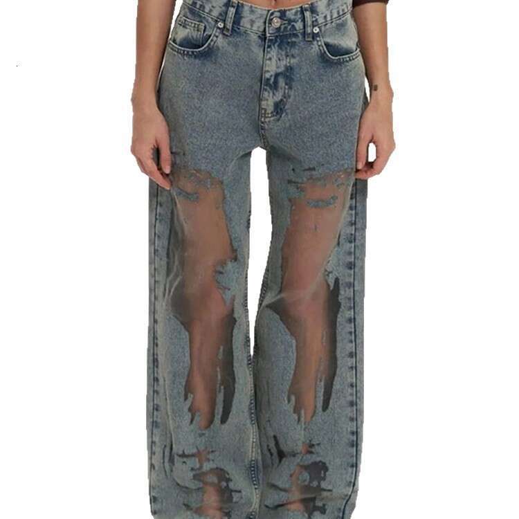 American Style Spicy Girl Straight Hollow Out Texture Niche Design Sense Jeans Loose Wide Leg Long Pants B5
