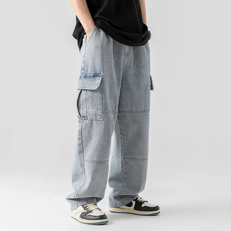 MenS Multi Pocket Jeans Vintage Distressed Loose Workwear Pants Korean Casual Drawstring Straight Leg Pants Wide Leg Pants 250624