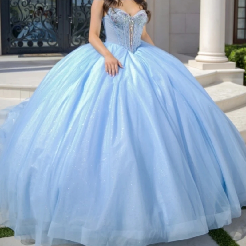 Sparkly Sky Blue Quinceanera Dresses Ball Gown Shiny Beading Crystal Tull Corset Sweet 16 Dress Vestidos De 15 Anos