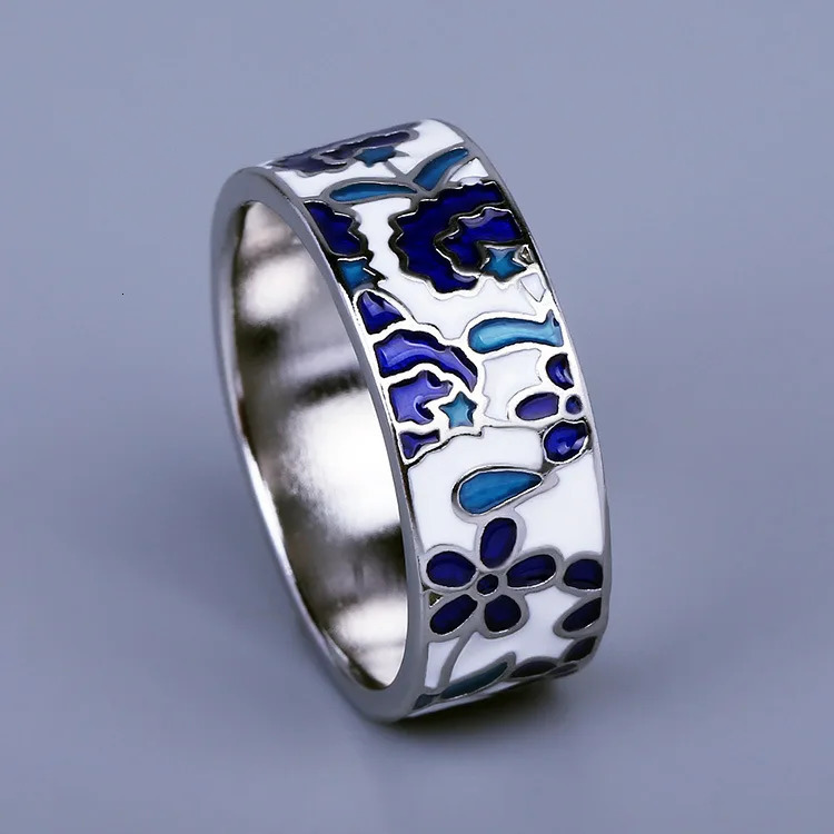 925 Silver Exquisite Womens for Ring Blue Enamel Flower Ring Fashion Handmade Enamel Jewelry Wedding Bridal Ring 250624