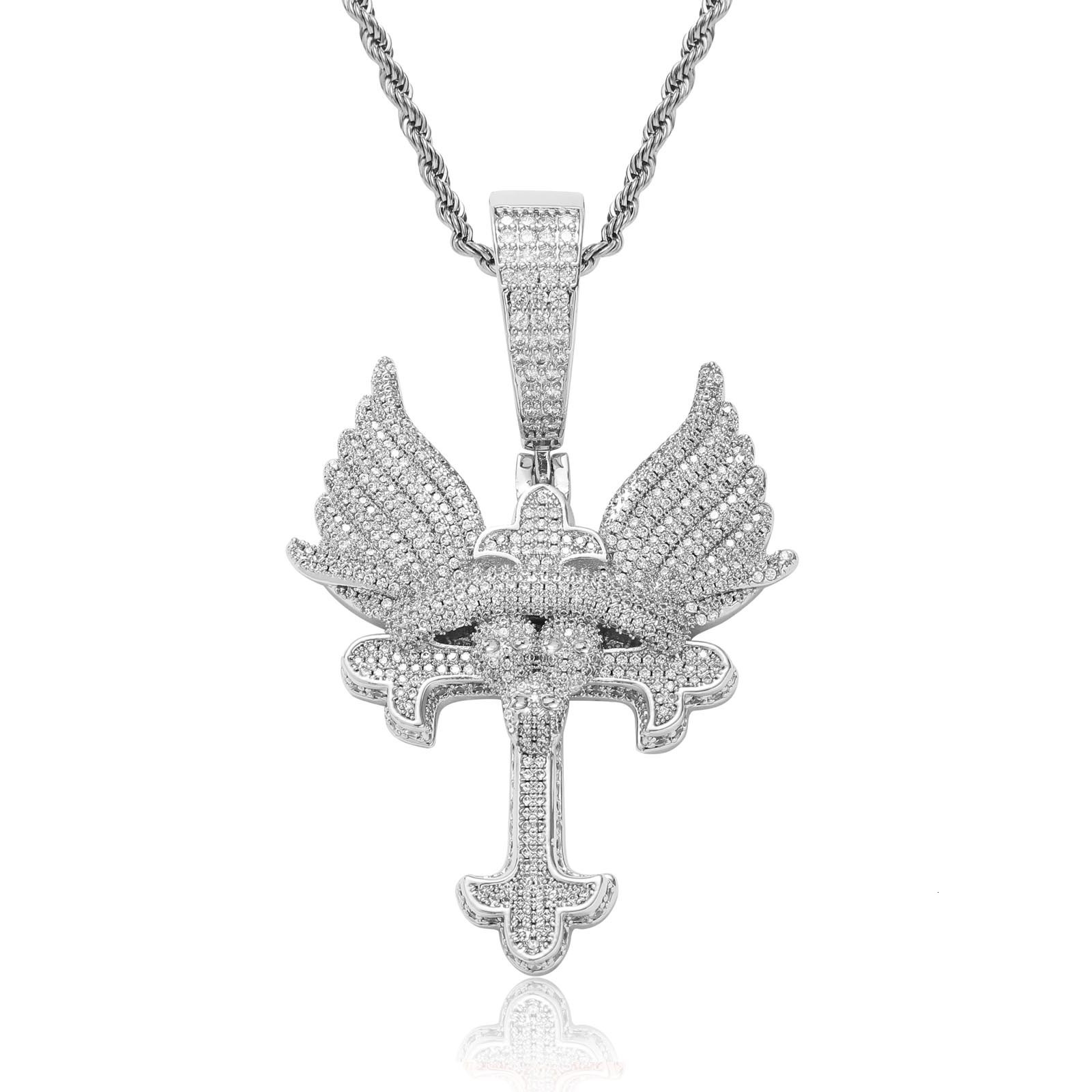 Luxury Moissanite Iced Out Angel Wings Cross Solid Polished Hip Hop Men's Bling Trendy Necklace Pass the diamond tester