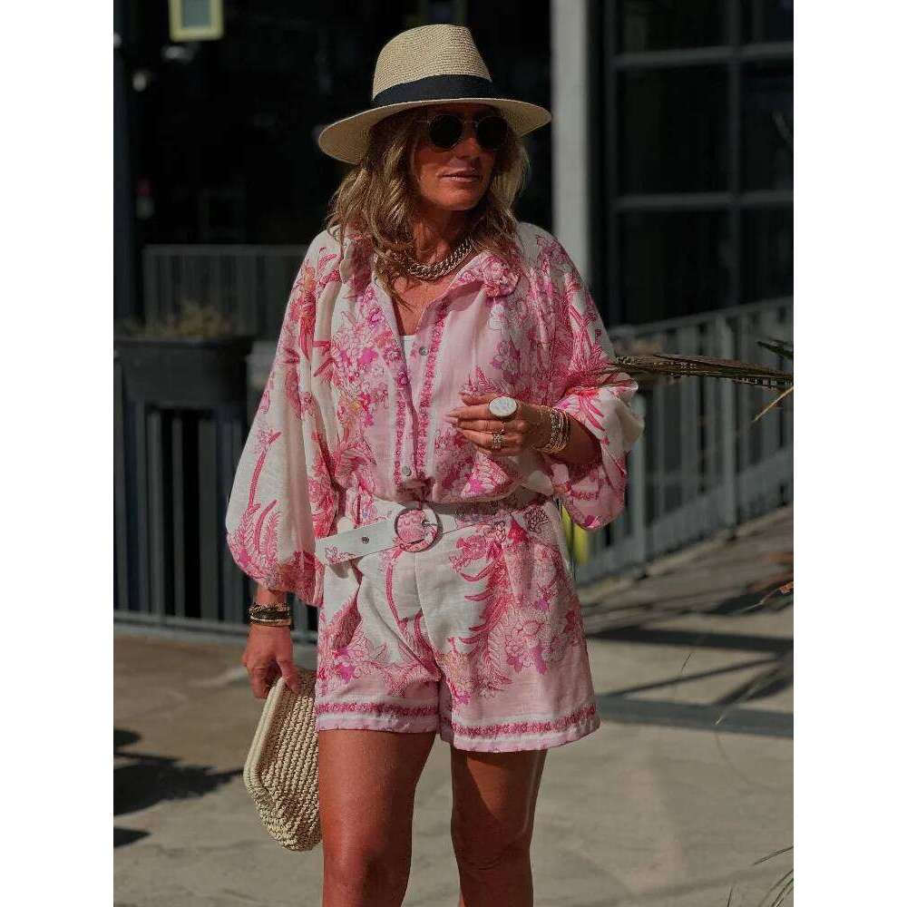 Vintage Printed Lantern Sleeve Button Shirt Set Casual Elastic Waist Wide Leg Short Pants Suit For Women 2025 Summer Street Wear
