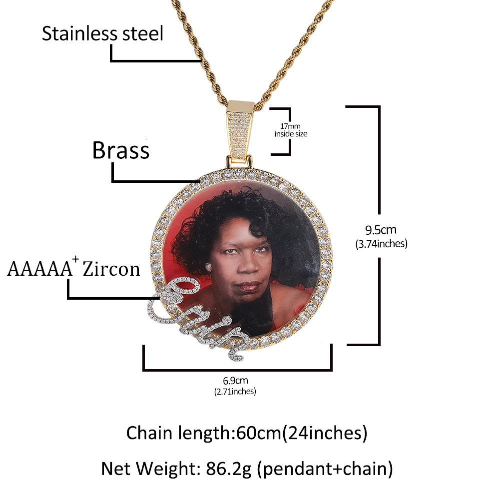 Custom Photo and Name Round Pendant Necklace 14K Gold New In Personalized Full CZ Stones Cubic Zirconia Diy Picture Collar Hip Hop Rapper Jewelry Gift