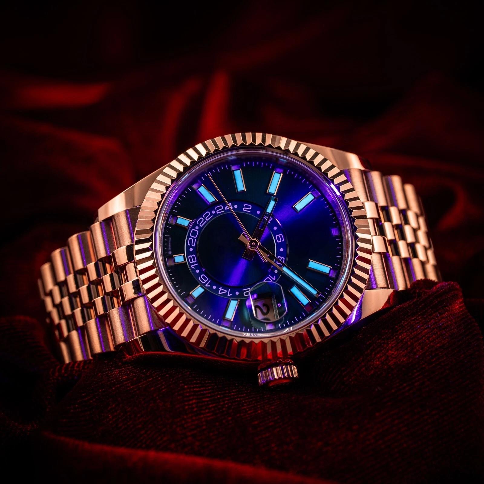 Brand Rol Mens Watch Movement Sky-Dweller Blue Dial Rose Gold Sunburst 42mm Jubilee Fluted Sky - 336935 Automatic Waterproof sapphire Wristwatches