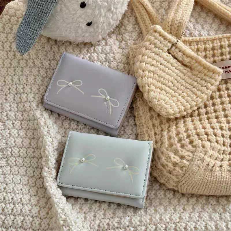 Cute Bow Short Folding Wallet Korean Style Handheld Waterproof Mey Bag Coin Purse Japanese Female PU Leather Photo Card Holder XJ250624