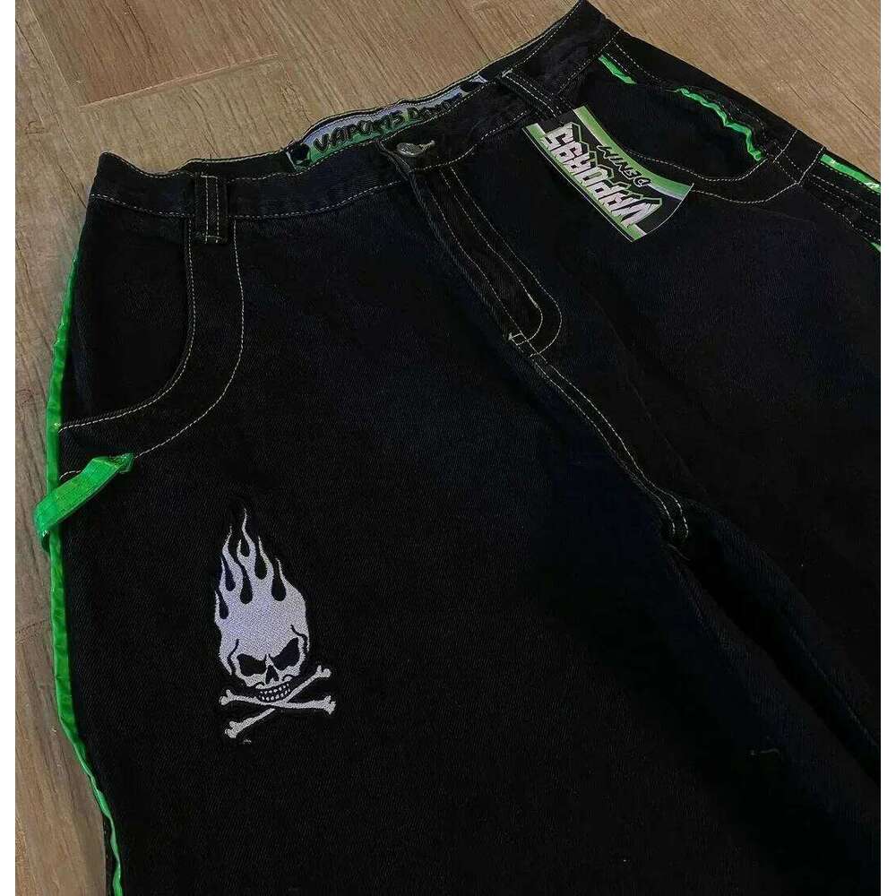 Y2K Gothic American Punk Skull Men Women Trendy High Jeans Casual Straight Loose Washed Multifunctional Wide Leg Pants