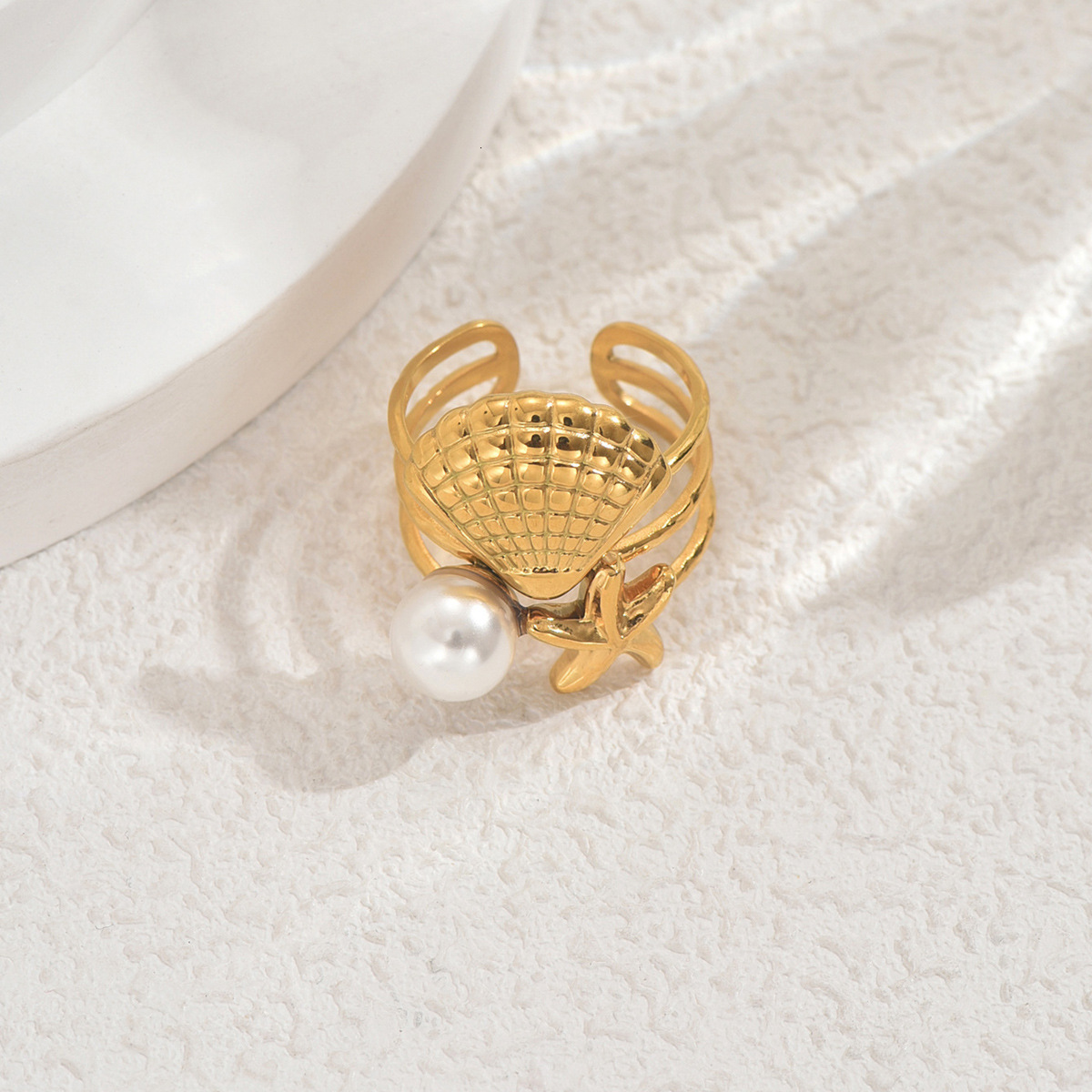 New Ocean Style Women's Personality Inlaid Pearl Shell Design Open Ring High-End Sense Jewelry