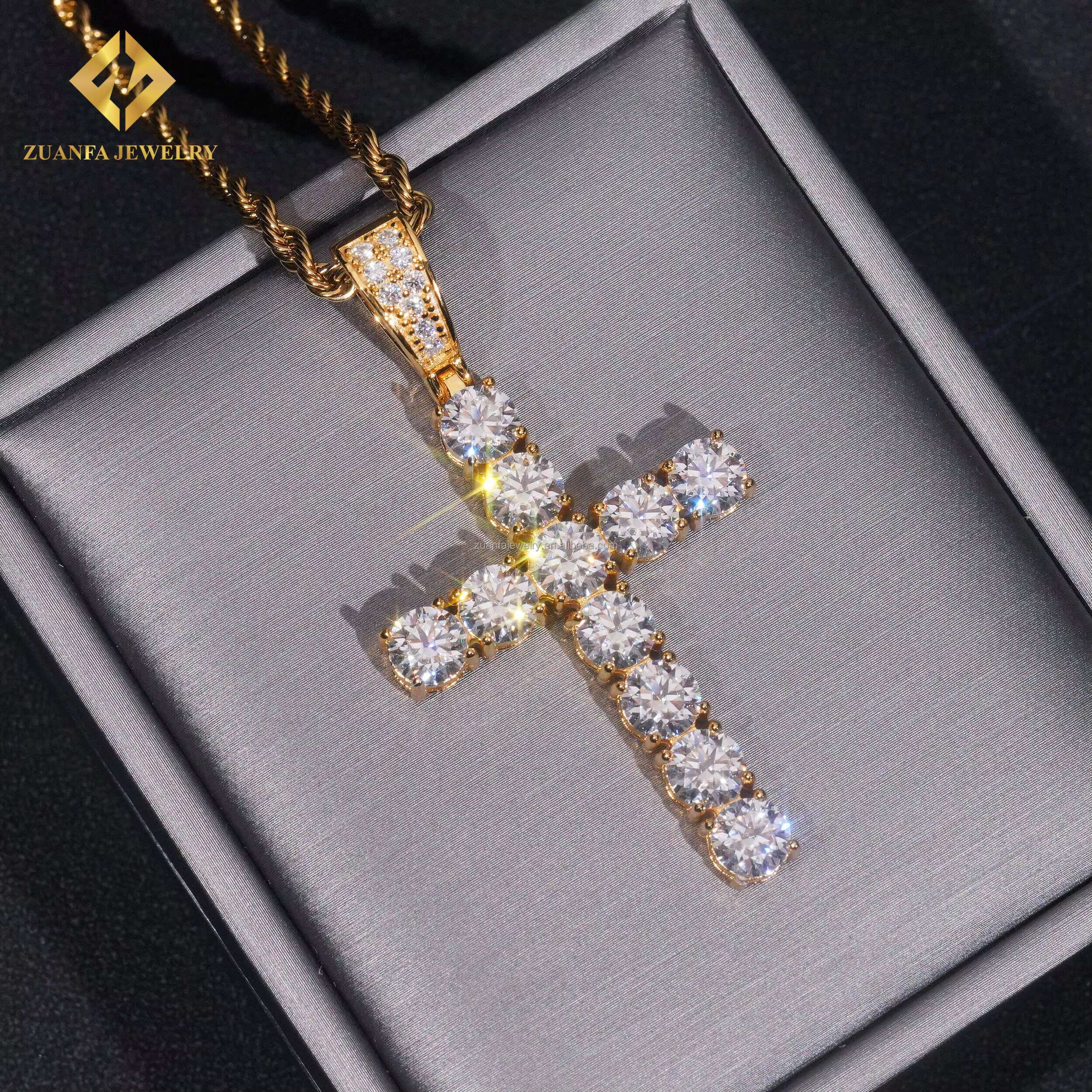 Pass Diamond Tester Best Selling GRA Certificate Iced Out Hip Hop Jewelry 925 Silver Moissanite Diamond Cross Pendant Necklace