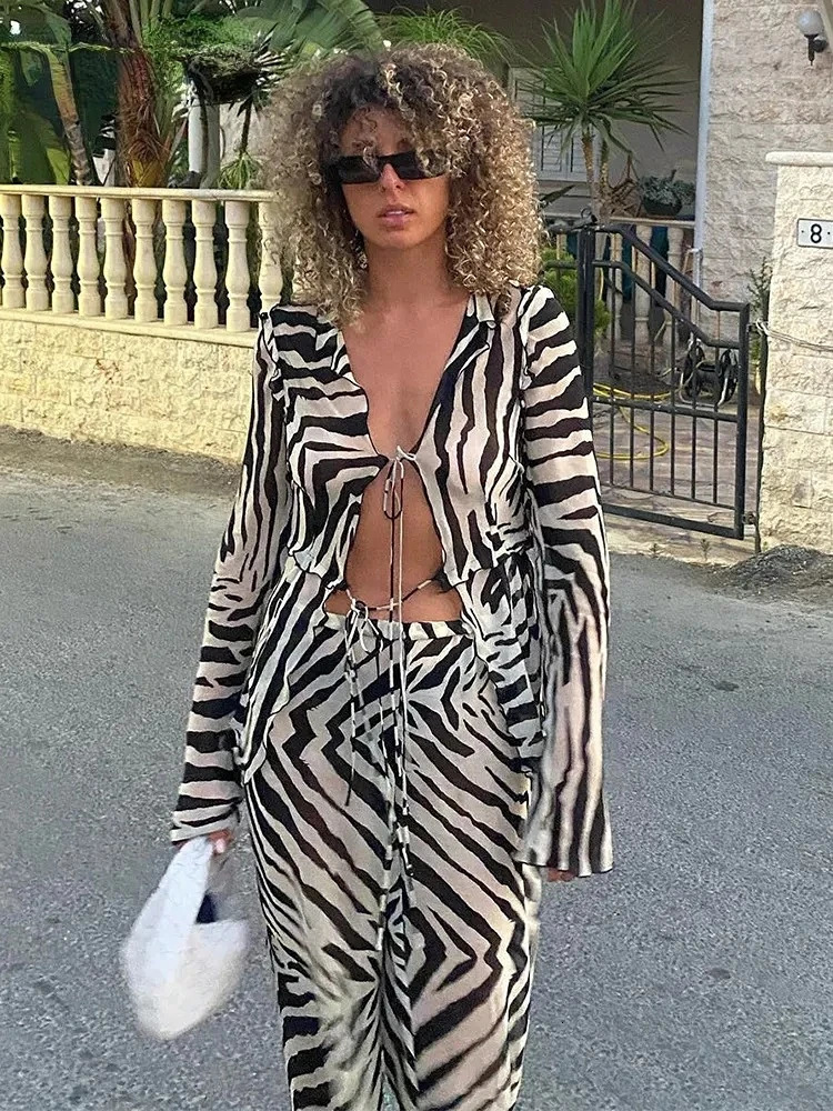 2023 Tracksuit Women Print Y2K Long Sleeve Top Shirts Bandage And Pants Sexy Two Piece Set Casual Outfits Party Clubwear 250616