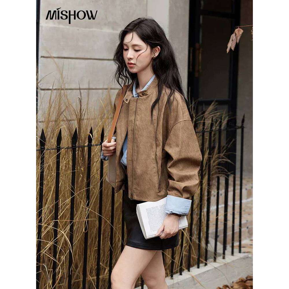 MISHOW Suede Short Jacket for Women Autumn Stand Collar Versatile Coats Bronze Metal Zipper Loose Top Streetwear MXD46W0483