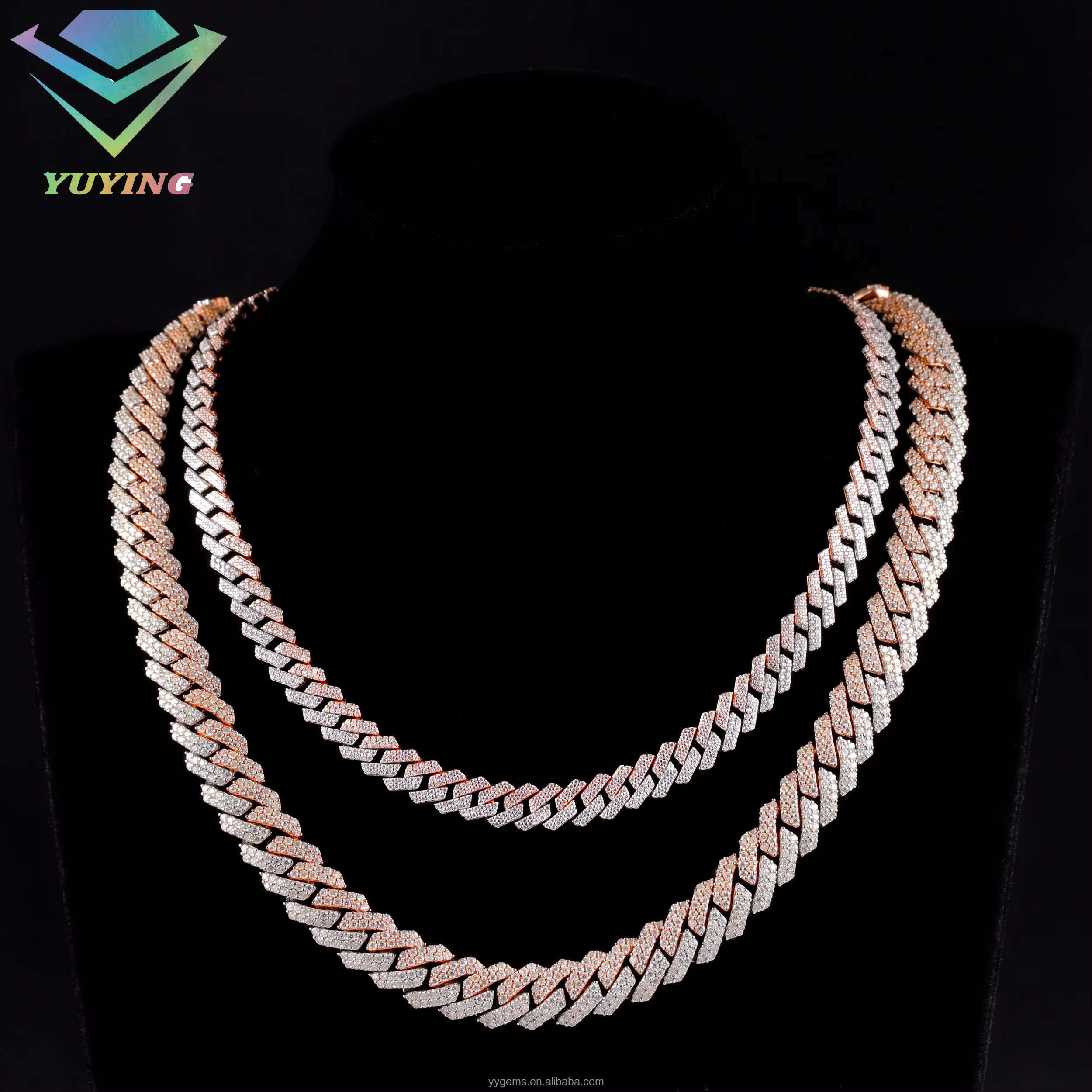 Yy New Design 12mm 2rows 2tones Cuban Link Chian Vvs Moissanite Pass Diamond Tester 925 Silver Fine Jewelry Necklaces for Men