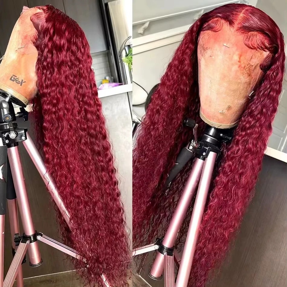 Burgundy Human Frontal HD Lace Wig 13x4 Human Hair 99J Curly Deep Wave Red Lace Front Human Hair Wigs For Women 250 Density Synthetic
