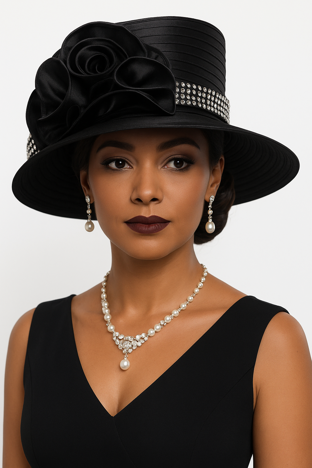 Elegant Black Church Hat with Rose Accent - Women's Wide Brim Derby Hat with Rhinestones for Sunday, Wedding, Tea Party & Race Day Events SD725