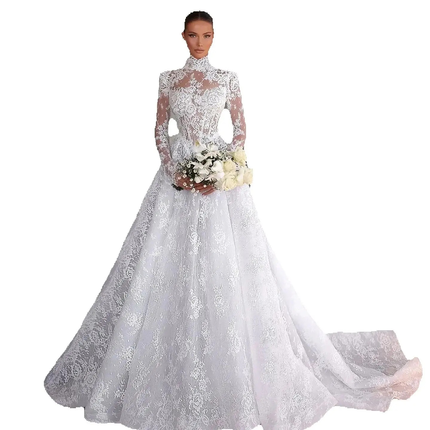 Modest Lace A Line Wedding Dress Elegant Illusion Sleeve Bridal Dress Sweep Train Customized vestidos de novia