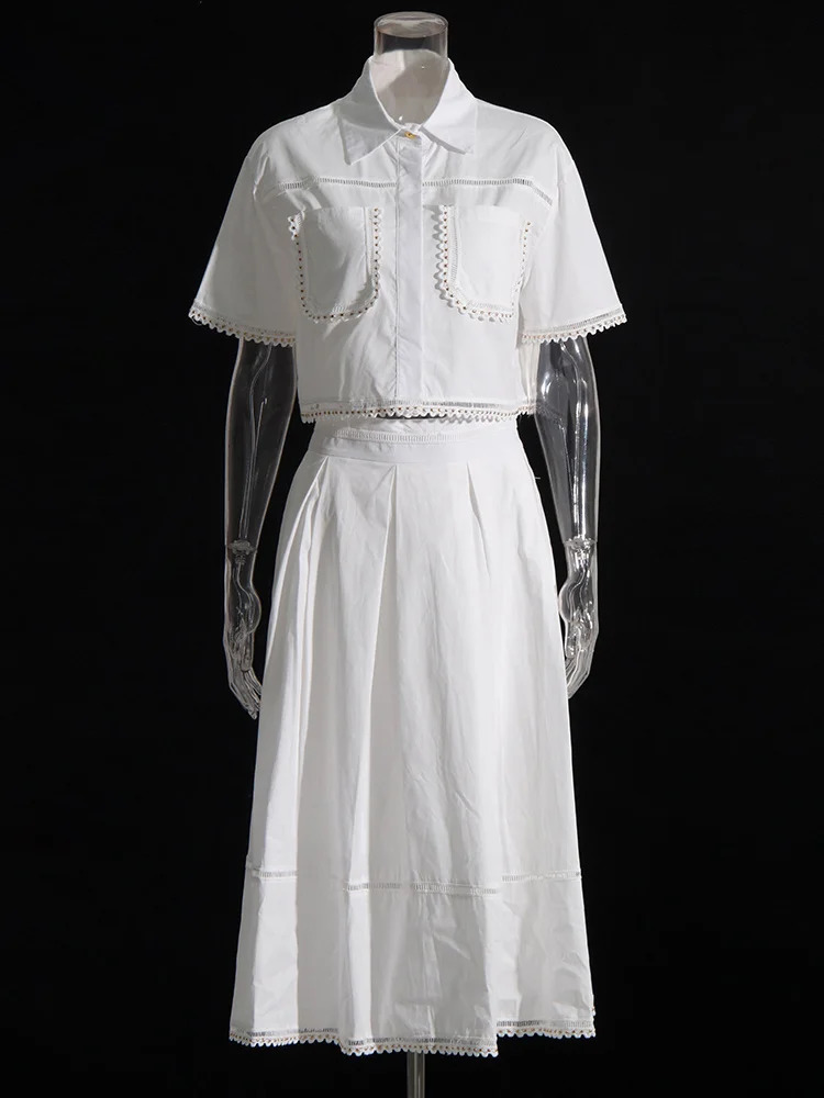 TWOTYLE Solid Two Piece Sets For Women Lapel Short Sleeve Tops High Waist A Line Skirt Slimming Female Fashion Style 250614