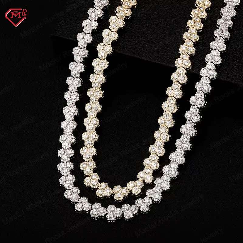 HipHop 10mm Moissanite Chain Luxury Cluster Flower Honeycomb 925 Silver Iced Out Vvs Moissanite Tennis Chain