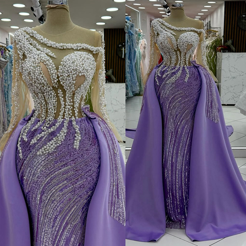 2025 Plus Size Purple Aso Ebi Prom Dress Detachable Train Mermaid Prom Dresses Evening Formal Gowns Beaded Lace Pearls Birthday Dress Second Reception