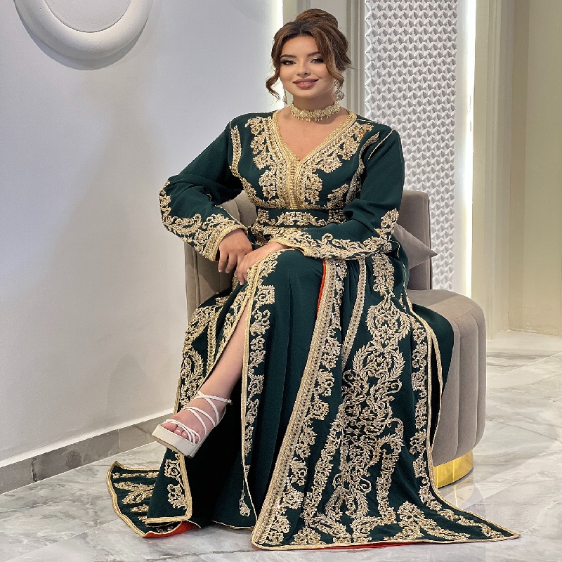 Traditional Albanian Green Caftan Prom Dress Plus Size Moroccan Takchita Evening Dress Long Sleeve Gold Lace Formal Arabic Dance Club Night Dress 2025