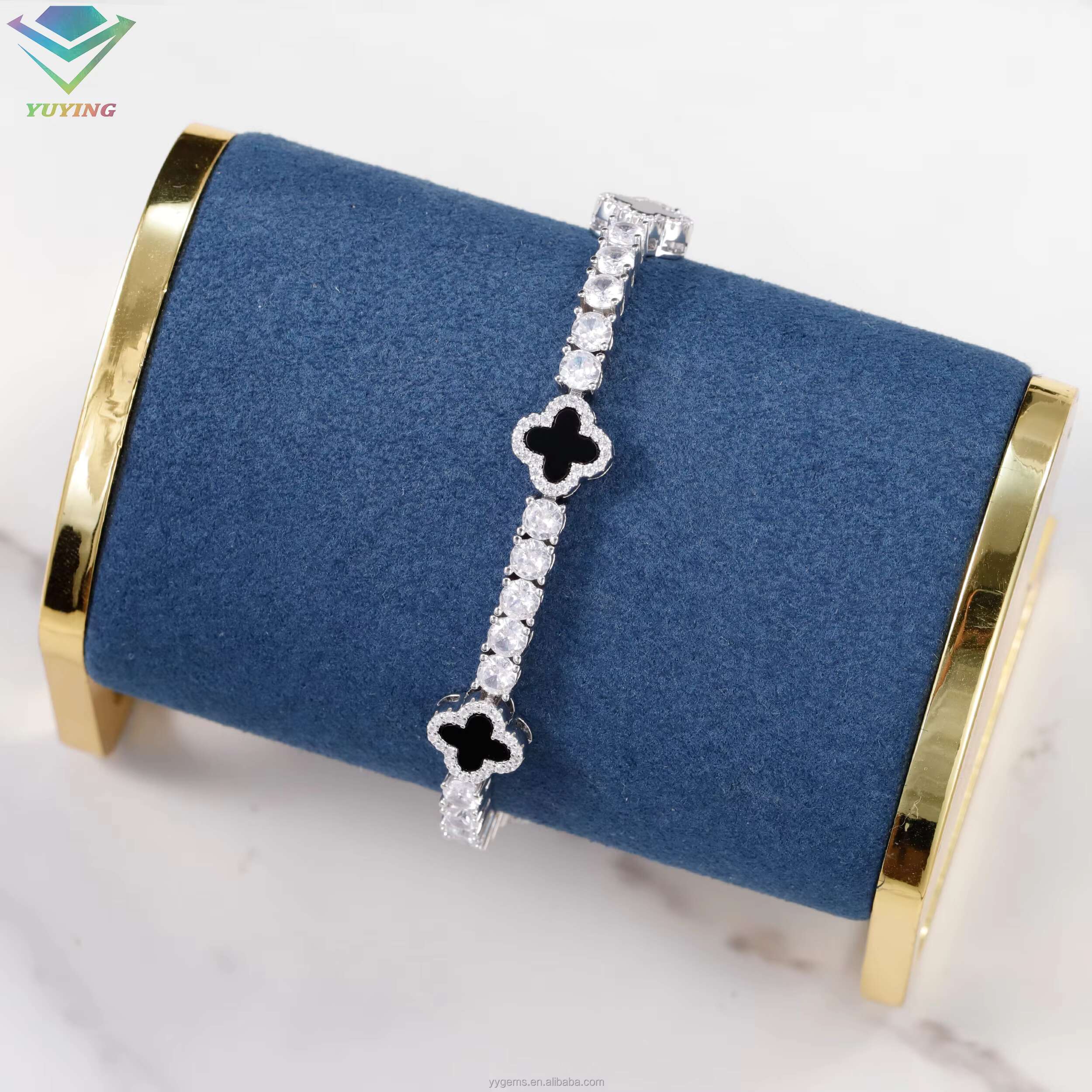 Fashion S925 Silver 3/4/5mm Mossanite Tennis Bracelet Natural Black Agate Onyx Clover Tennis Chain Jewelry Bracelet