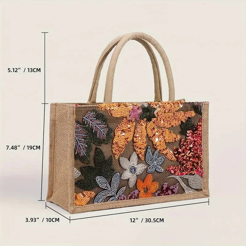 Fashion Sequins Embroidery Small Tote Bag Elegant Floral Women Handbags Casual Summer Beach Bags Vacation Satchel 250624