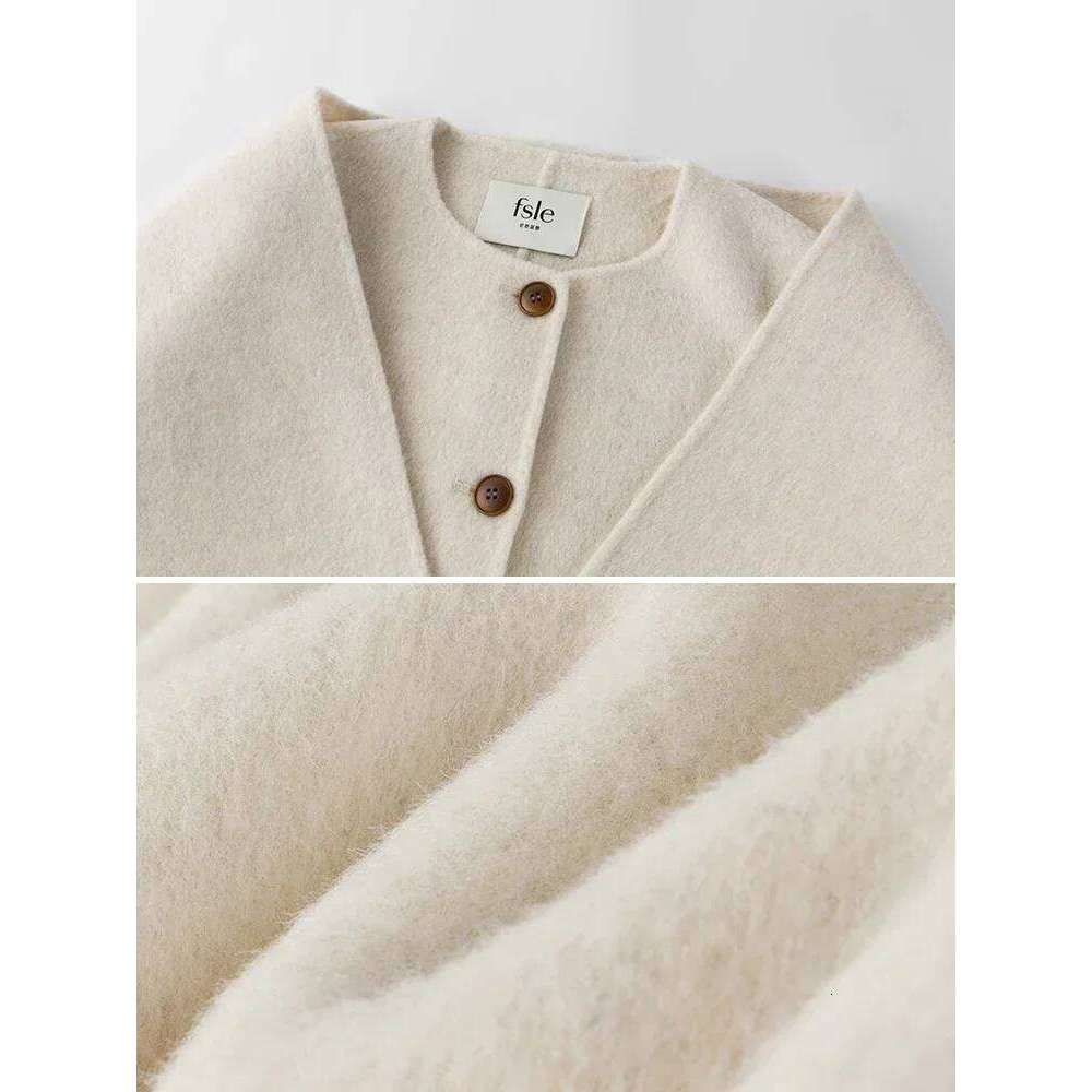 FSLE 100% Camel Color Scarf Collar Coat For Women 89.3% Wool 10.7% Lyocell Beige Round Neck Short Female Woolen Coats
