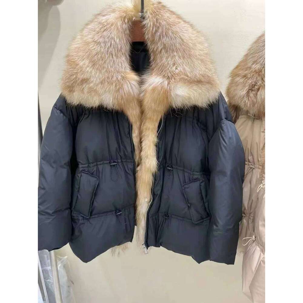 New Fashion Outerwear Streetwear Real Fox Fur Big Collar Winter Jacket Women Natural Thick Warm Duck Down Coat Loose