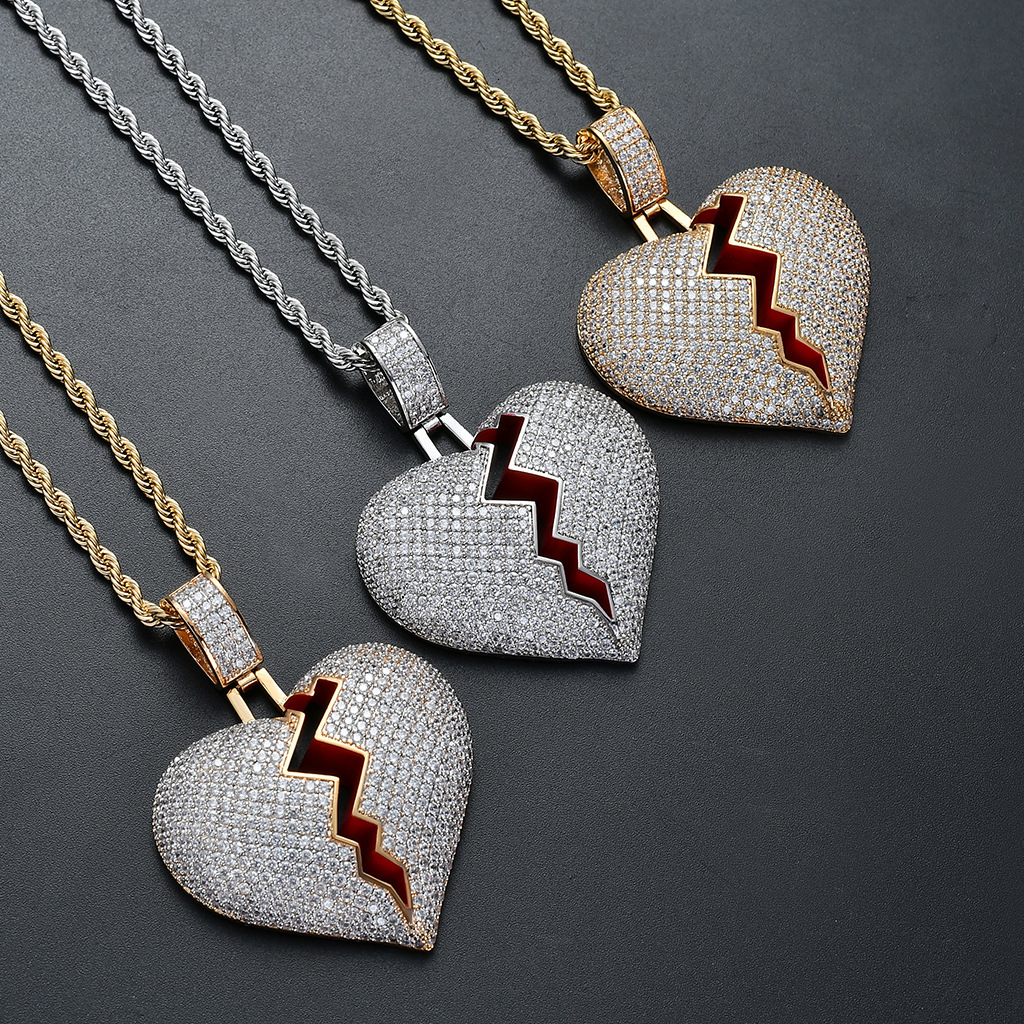 Moissanite Jewelry Swag Heartbreak Pendant Broken Heart Iced Out Hip Hop Necklace For Couples Pass the diamond tester