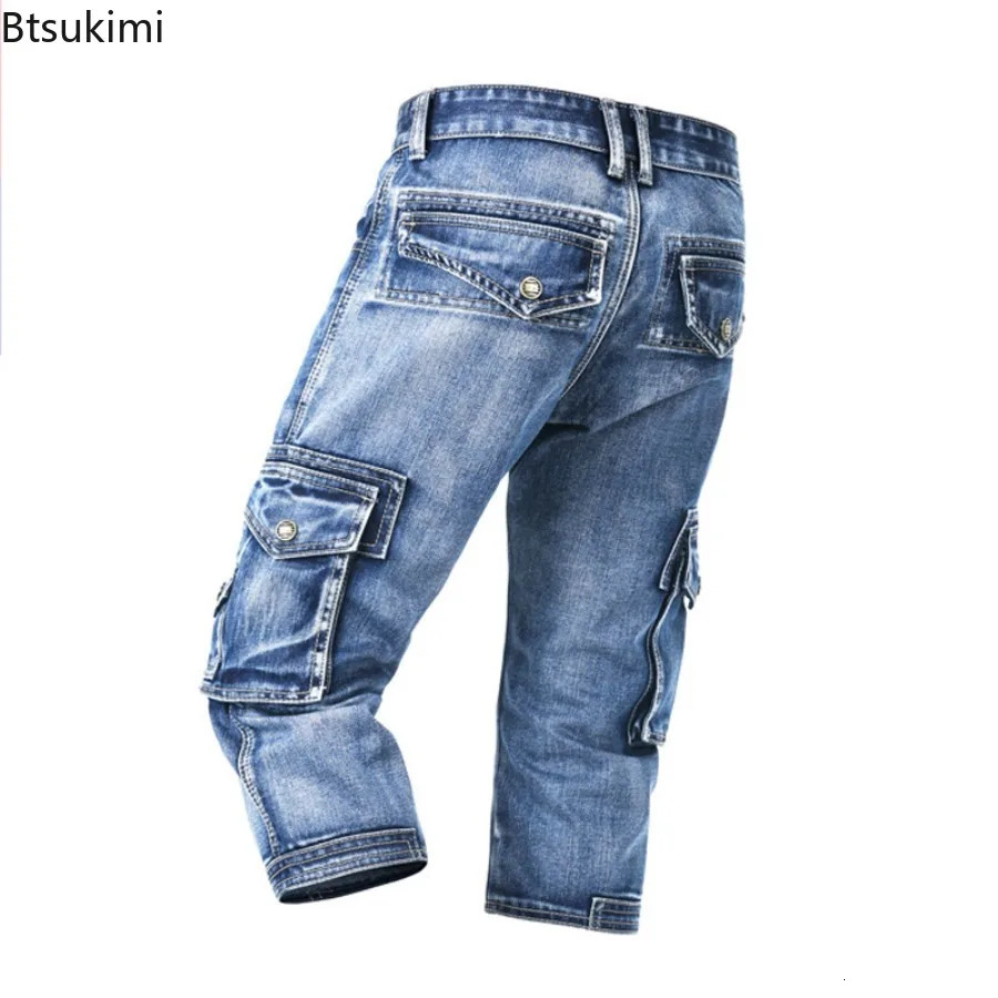 Summer Mens Cargo Denim Shorts Fashion Streetwear Multi Pockets Elastic Slim Straight Jeans Male Casual Joggers Pants 250617