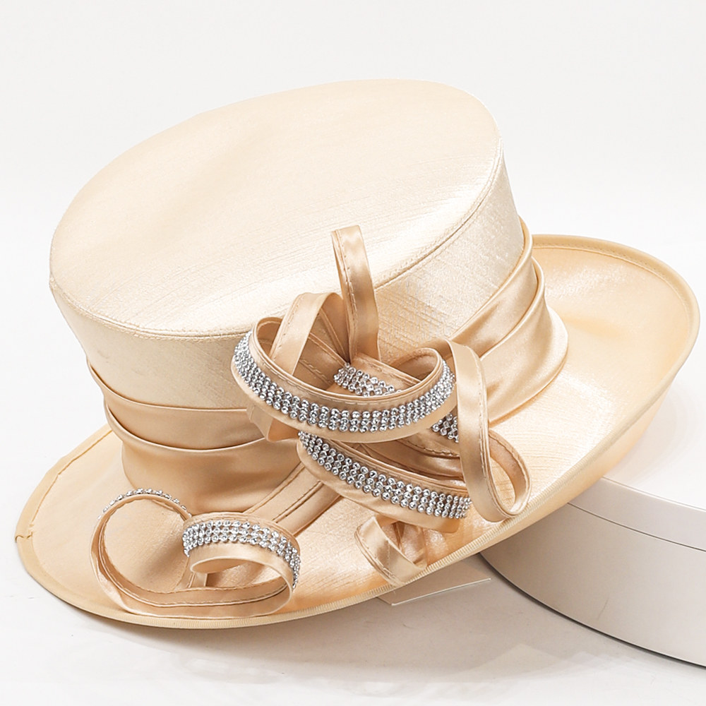 Elegant Royal Blue Church Hat for Women Wide Brim Formal Derby Tea Party Hat with Ribbon and Rhinestone Decoration