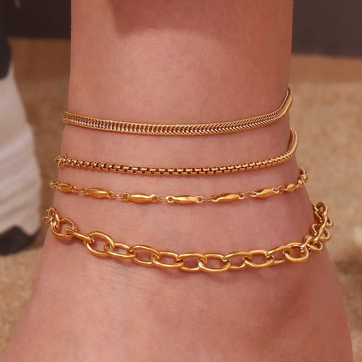 Summer Beach Jewelry Stainless Steel Waterproof Tarnish Free Various Dainty Golden Chains Foot Bracelet Anklets For Woman U250624