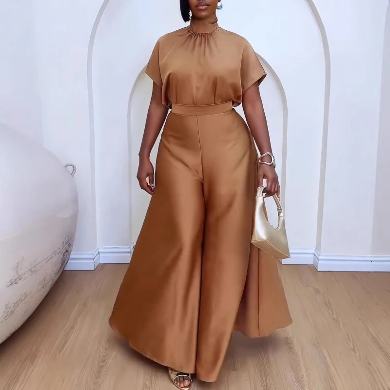 African Fashion 2024 in Women Two 2 Piece Sets Outfit Soft Satin Lace Up Top and Wide Leg Pants Set Matching 250616
