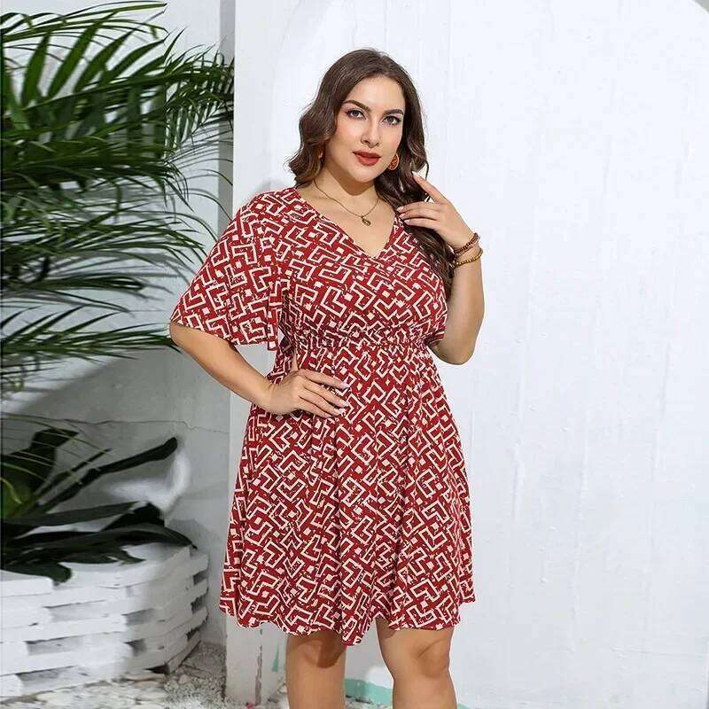 Women's XL-4XL Plus Size Hot selling oversized geometric pattern printed dress casual loose V-neck midi skirt