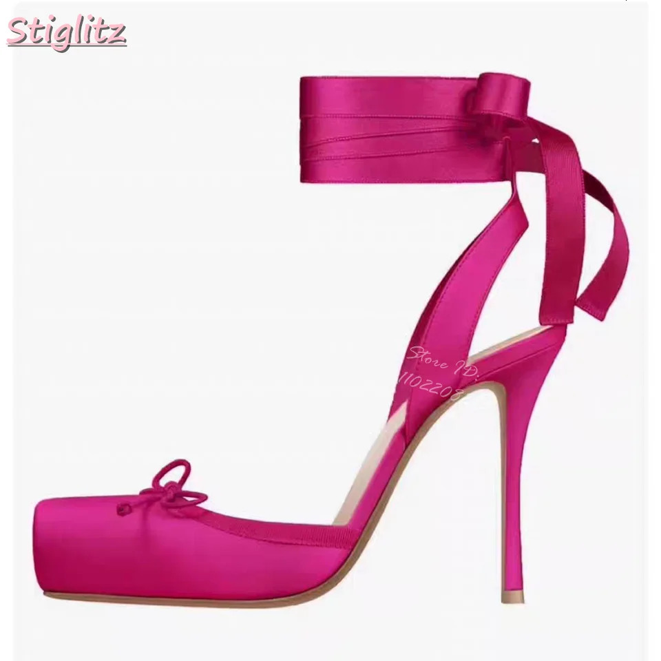 Square Toe Bow Pumps Sweet Butterflyknot Shallow Ballet High Heels Satin Back Crosstied Stiletto Women Shoes Summer 250624