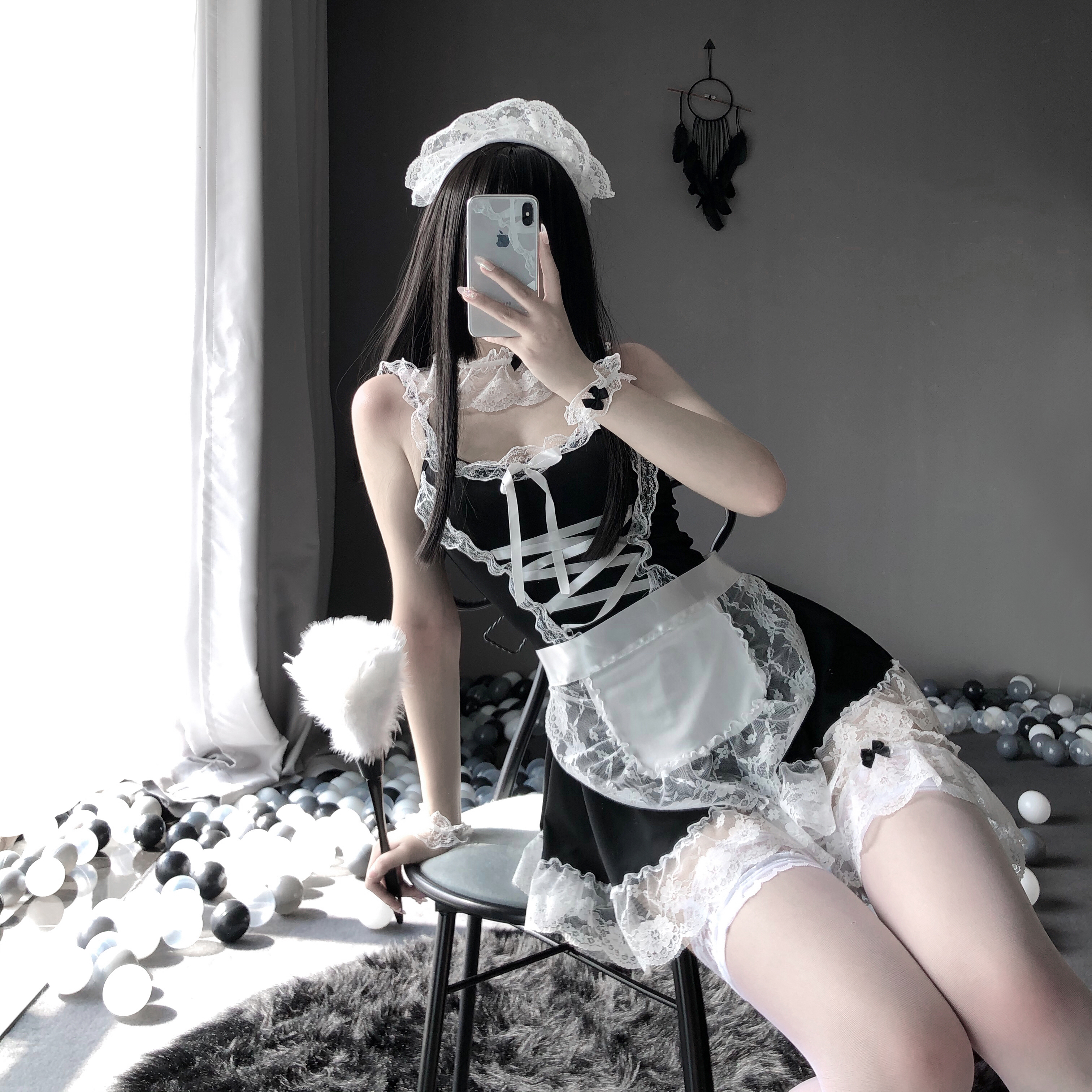 Sexy maid outfit lingerie - maid uniform cosplay lace deep V hollow out set 8003