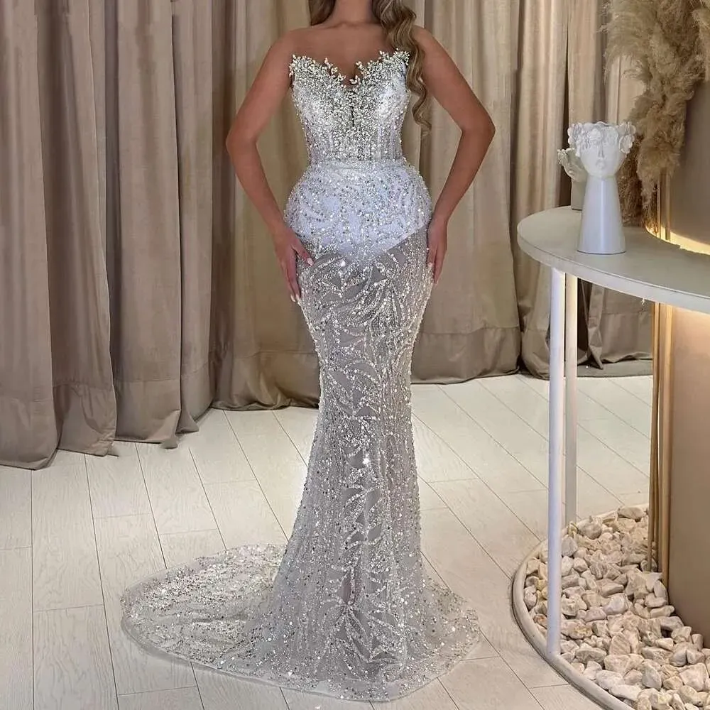 Gorgeous Strapless Sleeveless Mermaid Evening Dresses Crystal Party Gown Sequins Lace Sweep Train Prom Dress Customized