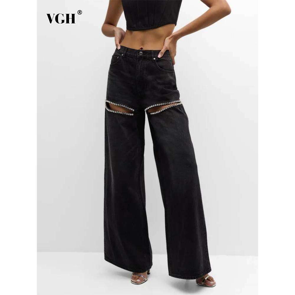 VGH Patchwork Dias Hollow Out Casual Jeans For Women High Waist Spliced Pockets Loose Straight Denim Wide Leg Pants Female