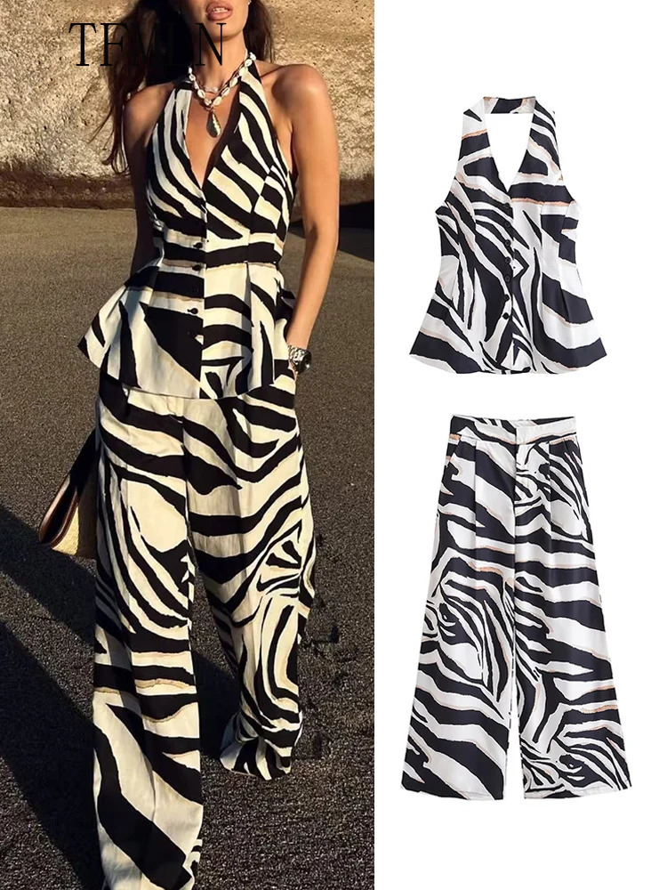 TFMLN 2025 Causal Striped Halter Top Pant Set Summer Elegant Backless Sleeveless Zipper Pleated Wide Leg Pants Outfits 250616