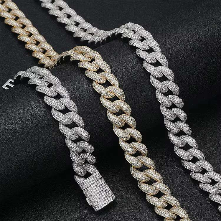 Mens New Fashion Cuban Link Chain Set Gold and Silver Plated Brass with CZ Zircon Stone Necklace