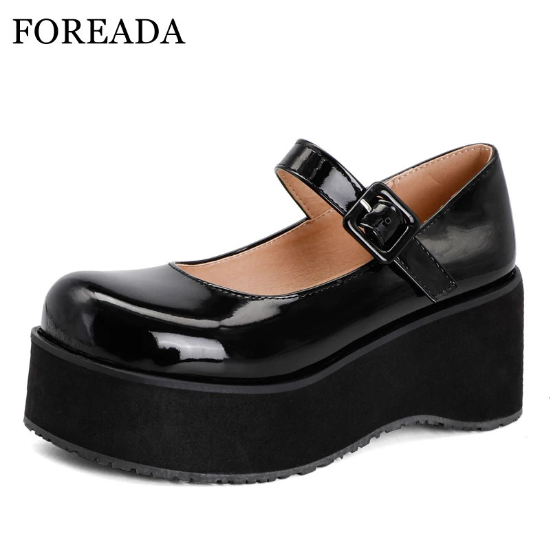 FOREADA Mary Janes Shoes Kawaii Princess Patent Leather Platform High Heel Round Toe Wedges Buckle Footwear Female 46 250624