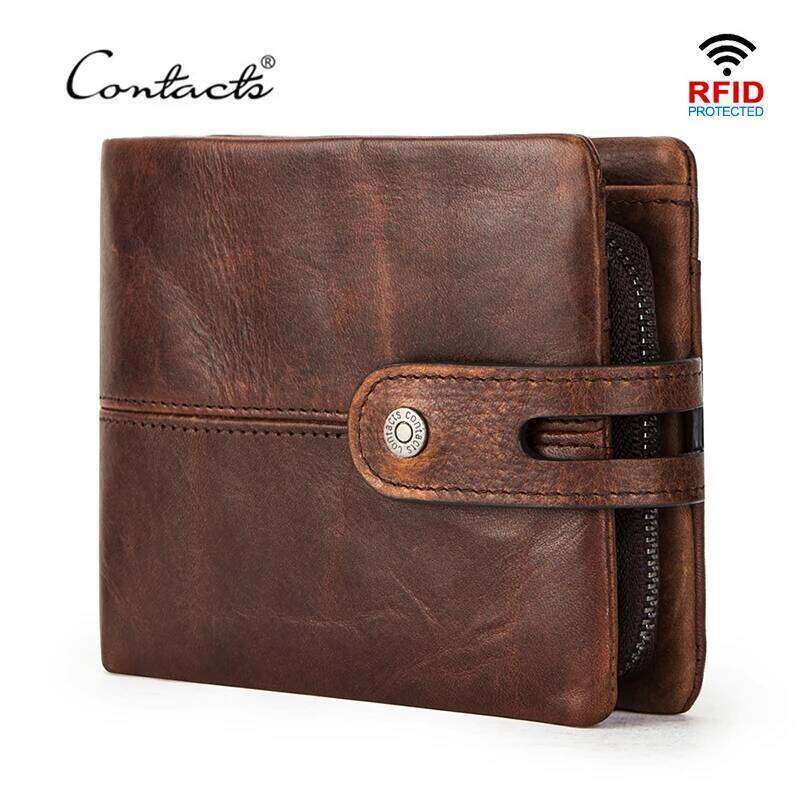 Contact's Casual Men Crazy Horse Short Coin Purse Hasp Design Wallet Cow Leather Clutch Wallets Male Carteiras
