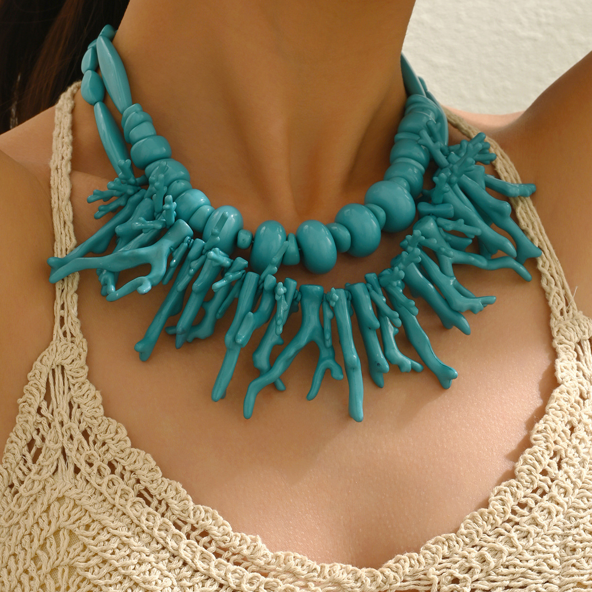 Fashion Women's Multi-Layer Coral Design Long Clavicle Chain Necklace Two-Piece Set For Women