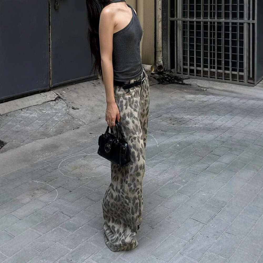Vintage Washed Leopard Print Jeans For Women, Spring And Autumn New Style, Hip-Hop Casual Floor-Length Pants B5