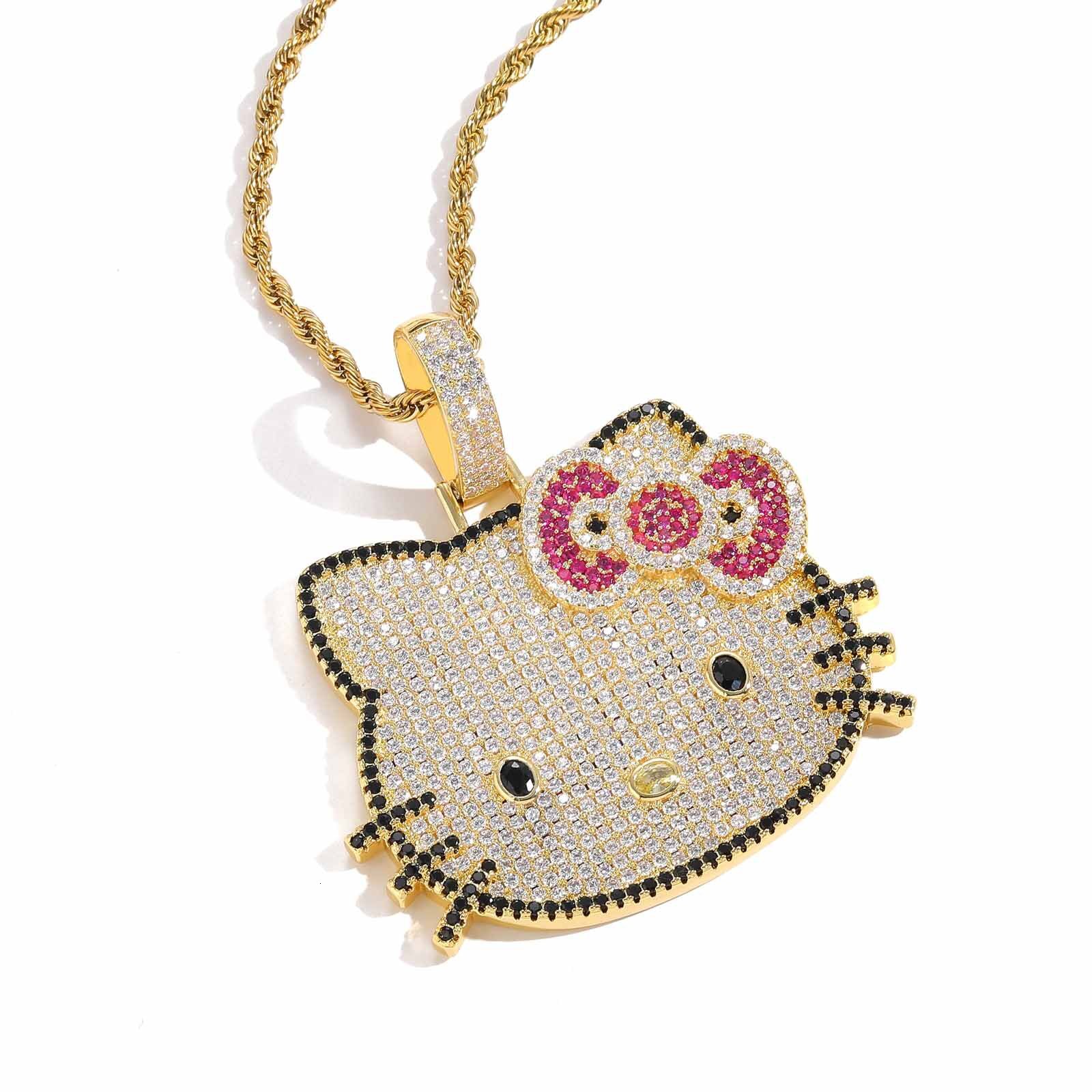 New Moissanite Hip Hop Solid Kitty Pendant Necklace with Pink Diamonds Cute Animal Theme for Men and Women Pass the diamond tester