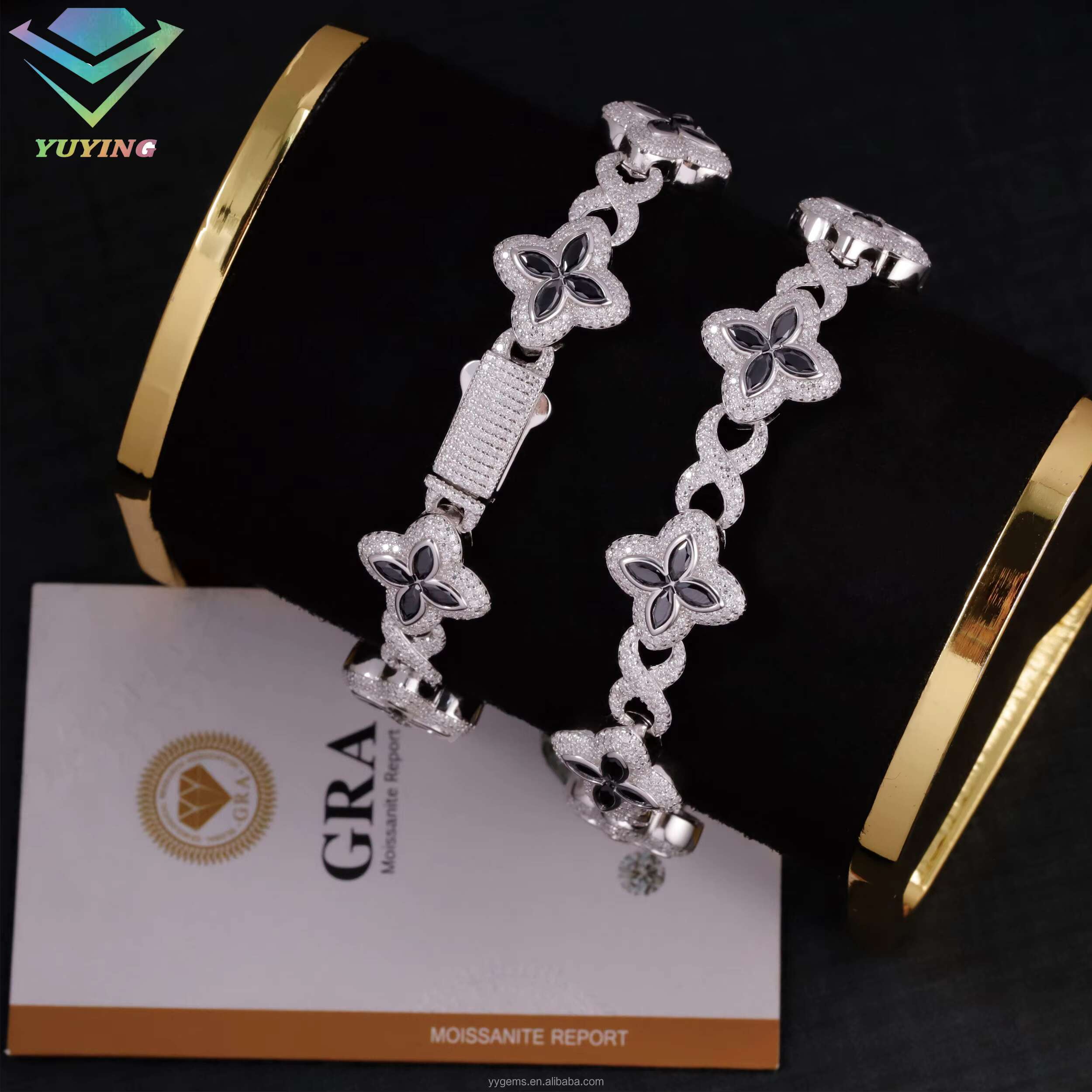 Ready to Ship 13mm 16mm Clover Bracelet S925 Silver Infinite Chain Black/white Moissanite Diamond Clover Bracelet for Women Girl